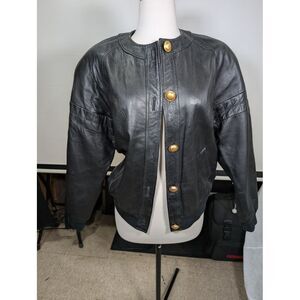 Women's Vintage  Evan Davies Black Leather Jacket With Gold Buttons Size 4